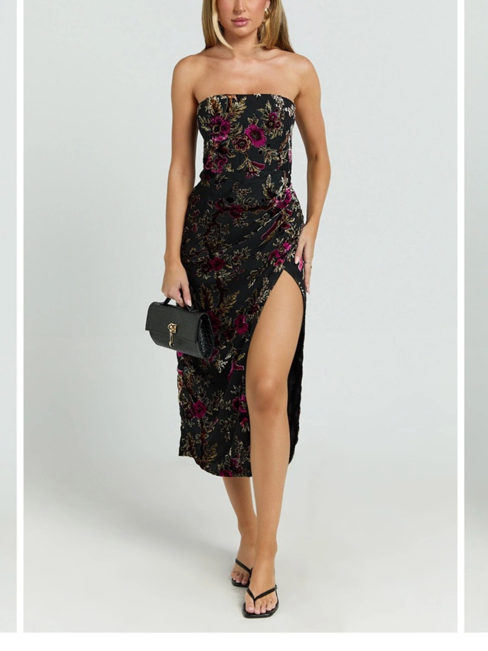 Showpo Black Velvet Floral Midi Dress with Pink Accents